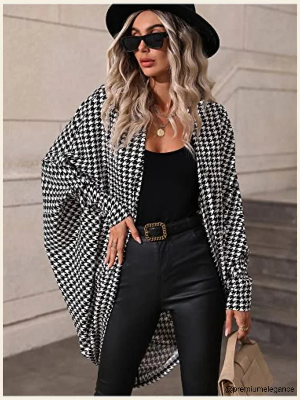 Houndstooth Blazer Jacket Batwing Long Sleeve Open Front Asymmetrical Cardigan